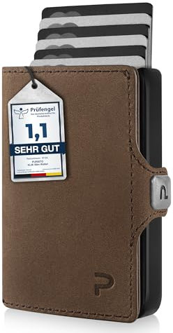 PURISTO KLIK Minimal Slim Wallet - Mini Geldbörse und Kartenetui für Herren aus Echtleder - Kleines Portemonnaie mit RFID Schutz für 6-8 Karten - Braun Vintage