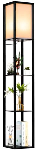 Ledivion Floor Lamp with Shelves, Wooden Standing Shelf Lamp with LED Bulb for Living Room, Bedroom, Office, Black