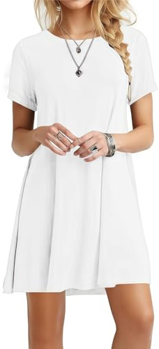 Zeagoo Robe T-Shirt Femme Eté Manches Courtes T Shirt Robes Col Rond Jupe de Plage avec Poches Mi-Longues Blanc M
