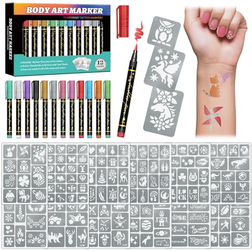Marqueurs de tatouage temporaire pour la peau, 12 marqueurs corporels en métal + 169 grands pochoirs de tatouage pour adolescents et adultes, pointe de brosse flexible, couleurs vives, encre de