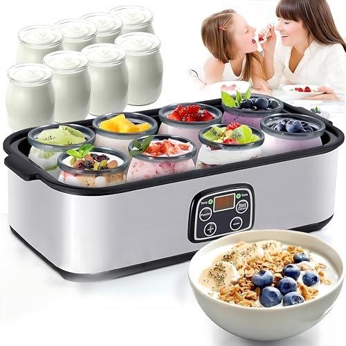 Yogurtera Digital Automática con 8 Frascos de Vidrio de 175 ml, Yogurtera Probiótica de Acero Inoxidable con Control de Temperatura Constante y Pantalla LCD