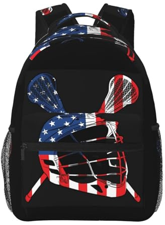 VKKOEWL Lacrosse Helmet American Flag Backpack Casual Laptop Backpack Double Shoulder Bag Lightweight Backpack For Women Men Travel