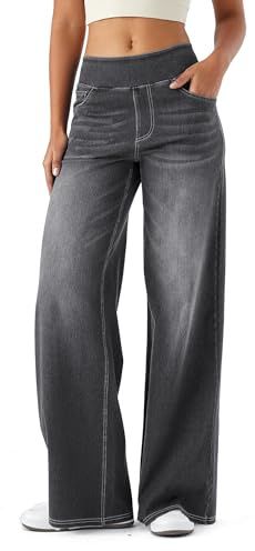 LaiEr Pantalon en Denim à Jambe Large pour Femmes, Taille Haute, Jambe Droite, Coupe Ample, Jeans décontractés très Extensibles pour Le Yoga, Le Fitness, Les Sports décontractés.Gris Moyen,XL