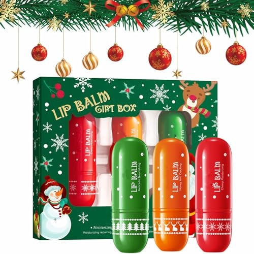 Baume à Lèvres de Noël,Soins pour les Lèvres,Lip Balm,Christmas Winter Lip Balm Set,Coffret Cadeau et d'Anniversairepour Noël,3 Pièces