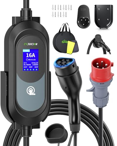 Evjuicion Caricabatteria da auto elettrico 11kW CEE trifase [6-16A, 0-12H, 6m] Portabilità terminale di ricarica con supporto a parete e supporto cavo, ricarica domestica per auto elettrica con la sua