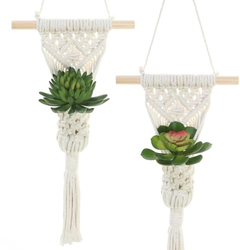 UBOSU Macrame Wall Hanging Plant Holder with Artificial Succulent, Natural Cotton with Wood Dowel, Boho Wall Decor, Hanging Plants Set of 2 (Succulent 2pcs)
