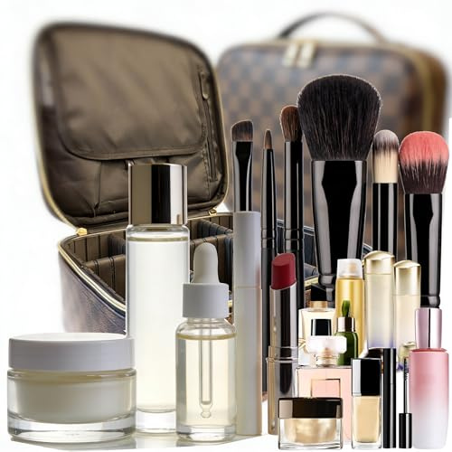 WANNES Makeup Bag Organizer – Portable Travel Cosmetic Case with Brush Storage | Large Makeup Train Case for Women | Hard Shell Makeup Suitcase | Vanity & Countertop Organizer (H-Brown), Brown