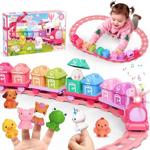 Train électrique pour Tout-Petits 1-3 Ans, Jouet éducatif Montessori d’Association et de tri, Cadeau de Noël ou d’Anniversaire pour garçons et Filles (Rose)