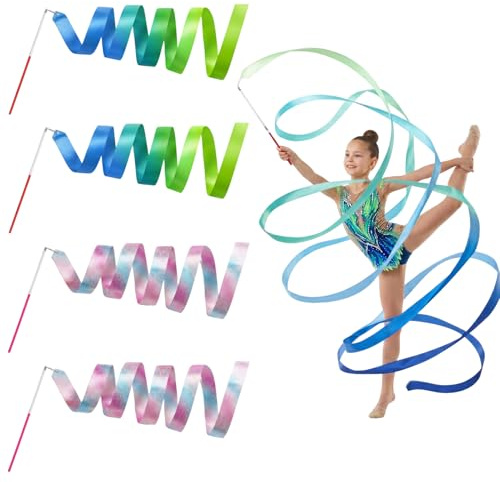 79 Inch Gymnastics Ribbon, 4 Pcs Colorful Dance Ribbons for Children with Wand, Kids Dancing Ribbon Streamers for Talent Shows, Artistic Dancing, Baton Twirling - Green & Pink