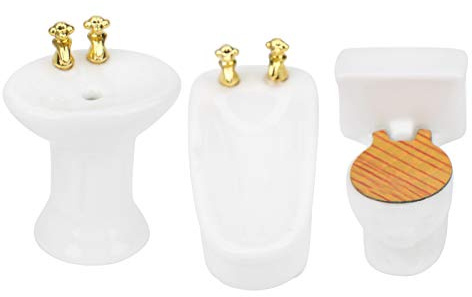 Bamjour /24 Dollhouse Miniatyr Badrumsset – Keramiskt Badkar, Toalett, Handfat Kit för /24 Dockskåp (Ren vit)