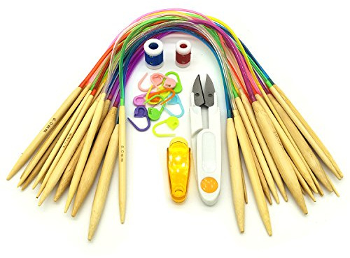 DOITEM Juego de Agujas de Punto Circular, 18 Pares 40 cm Tubo de bambú Agujas de Ganchillo de Colores Circulares Tejer con Fila Contador Plástico Bloqueo Puntadas Fabricantes Tijeras