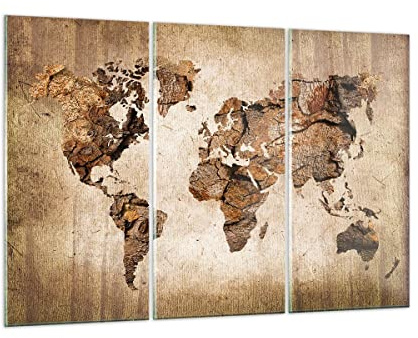 Quadro su Vetro mappa mondo moderno Stampe da Parete in Vetro 105x70cm Quadri Moderni Soggiorno Camera da Letto Cucina Set 3 pezzi Grandi Decorazione Murale Wall Art Grafica Immagini GCE105x70-3590