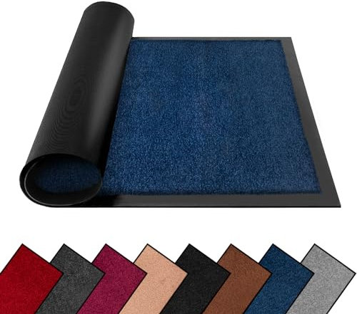 FB FunkyBuys Washable Dirt Trapper Door Mats Indoor & Outdoor, Heavy Duty Non Slip Doormats, Rubber Backed Floor Mat, Super Absorbent Front Door Mat, Entrance Rug (Dark Blue-Plain, 40cm x 60cm)