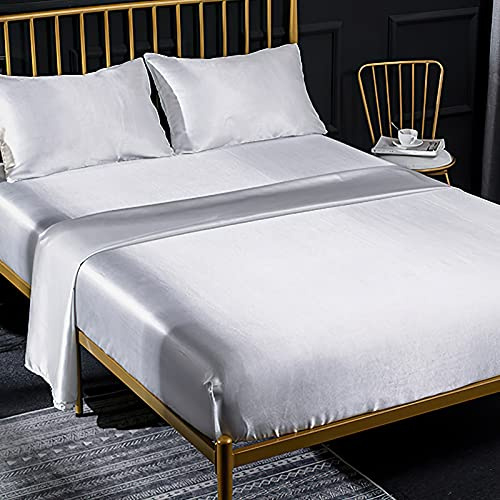 Jemiipee Juego de Sabanas de Cama Raso Color Sólido, 1 x Sábana Bajera Ajustable 135x190 cm con 35 Bolsillo Profundo, 1 x Encimera y 2 x Fundas de Almohada, Blanco