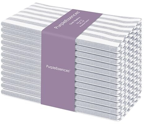 PurpleEssences Plain Striped Cloth Napkins - Set of 12-100% Cotton - 18 x 18 Inch - Spring Easter Summer and Perfect Everyday Use Dinner Napkin - Gray and White