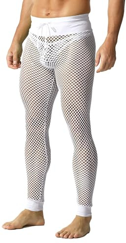 QiaTi Men's Fishnet Pants Mesh See Through Muscle Leggings Stretchy Drawstring Long Pants A-White