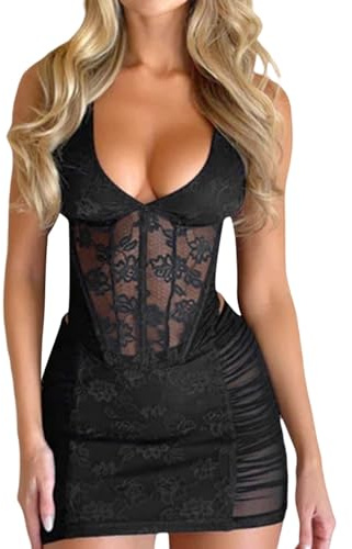 MAHUAOYIXI Robe Courte Femme Robe Élégante Robe Adhérente Ceinture Écailles de Poisson Estivale Patchwork Plissé Corset Push Up Décolleté en V Sexy Robe de Cérémonie Robe de Fête Décontractée, Noir A