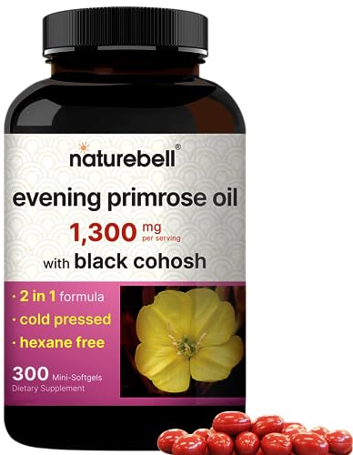 NatureBell Evening Primrose Oil with Black Cohosh, 1,300mg Per Serving, 300 Mini-Softgels | Cold Pressed Seeds, Retains 130mg GLA for Womens Health & Skin Care Support – Hexane Free, Non-GMO