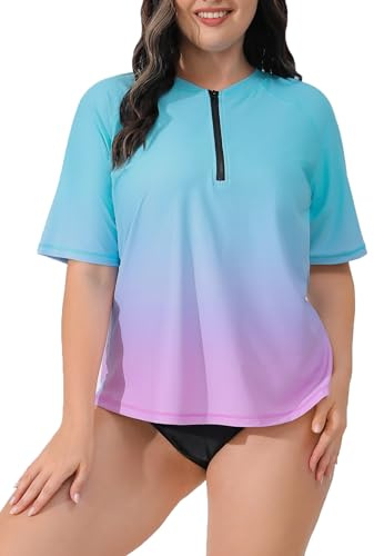 Halcurt Maglietta UV da donna, taglie forti, Rash Guard UPF 50+, protezione solare, da nuoto, ad asciugatura rapida, 1X 4X, Ombré Blu Rosa, XXL plus