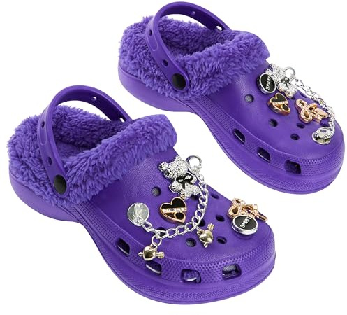 CityComfort Clogs for Girls, Winter Slippers with Removable Fleece & Charms, House Mules & Garden Shoes with Adjustable Strap (1 UK, Purple)