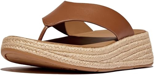 Fitflop Women's F-Mode Espadrille Leather Flatform T/Post Sandals, Deep Tan, 40 EU