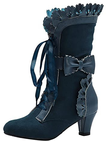 Generisch Botines vintage de cuero para mujer zapatos de mujer tallas grandes con lazo de encaje de tacón alto y tacón grueso con cordones para mujer tallas grandes botas cortas de goma, azul, 38 EU