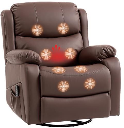 HOMCOM Poltrona Relax Elettrica Reclinabile 168° e Riscaldanti, Poltrona Massaggiante con 8 Punti, Oscillante Girevole a 360° in Pelle PU con Telecomando, Poggiapiedi e Tasche Laterali, Marrone Scuro