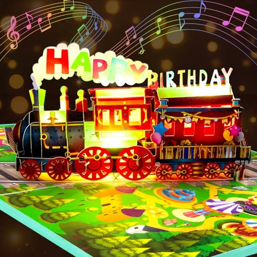 GREETING ART Carte d'anniversaire Happy Birthday Pop Up Train avec musique et lumière - Carte d'anniversaire 3D pour train - Cadeau pour femme, homme, petite amie