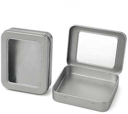 Forever bene Tin Box Small Metal Storage Box w/Clear Lid - Portable for Beads, JewelryCrafts, Zyn Tin,Mint Candy,Small Items Travel,Stackable (Silvery, 2 Pcs 4.5 x 3.5 x 0.9)