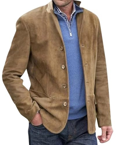 Onsoyours Blazer Décontracté à Col Montant pour Homme avec Poche à Revers et Manches Longues en Daim Vintage Décontracté Slim Bouton Costume d'affaires Blazer Veste B Marron L