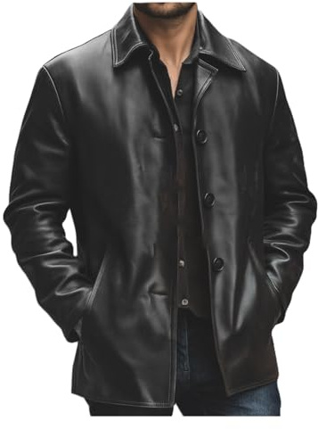 HiFacon Casual Trench Classic Sheepskin svart läder blazer bilrock för män, Svart läderblazer – herr, 3XL