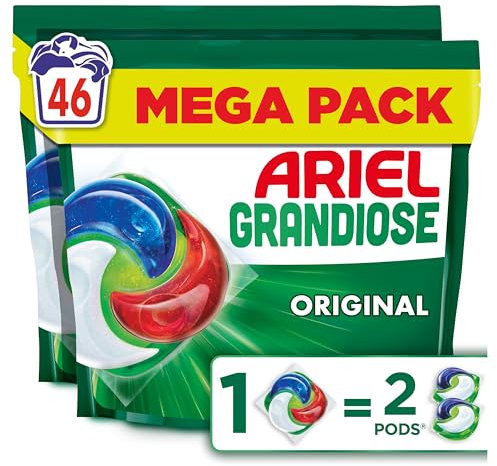 Ariel Pods Grandiose Original, Lessive en Capsules, 46 Lavages (23x2), 2X Action Détachante et Anti-Odeur Sur Les Tâches Tenaces, Dissolution Rapide Même à Froid, Fabriqué en France