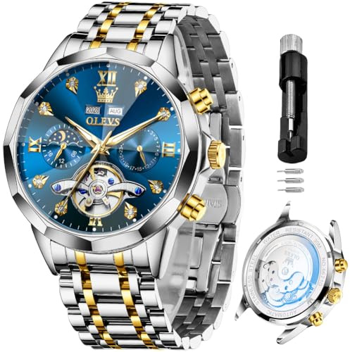 OLEVS Skeleton Men Watches Automatic Business Luxury Diamond Self Winding Watch for Men Stainless Steel Calendar Blue Wrist Watch