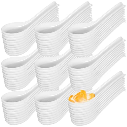 100 PCS Asian Soup Spoons, Soup Spoon with Hook, Chinese Wonton, Reusable Bulk, Rice, Dinner Spoon, White Plastic for Pho Miso Ramen Dumpling Ice Cream, Easy to Clean