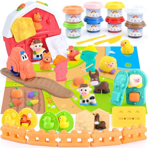 PLAY Ferme Pâte à Modeler pour Enfants, Kit de Pâte à Modeler avec Outils, Pochoirs d'animaux de Ferme & 8 Pots d'argile Colorée, Jouet Cadeaux pour Enfants Fille Garçon 3+ Ans