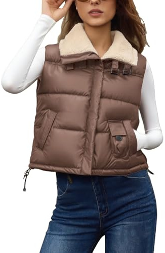 Gilet bouffant court pour femme, veste rembourrée sans manches, grande taille, manteau d'hiver court à col à revers, veste en cuir épais, vestes en peau de mouton, grands manteaux, café, L
