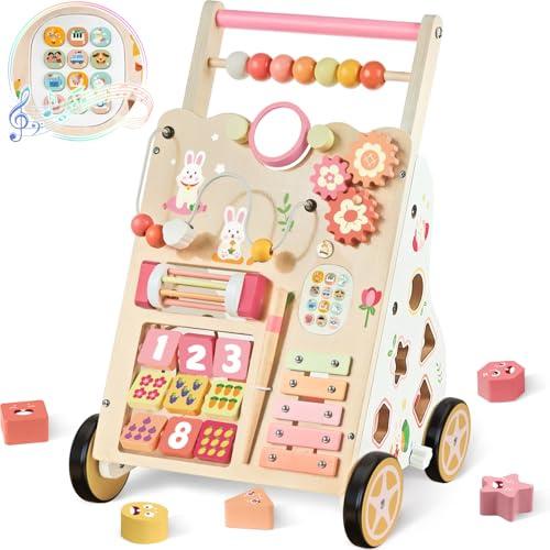 Trotteur en bois avec roulettes, centre d'activités Montessori pour garçons et filles, jouet à pousser réglable en vitesse et en hauteur pour tout-petits, cadeau éducatif pour enfants (Pink)