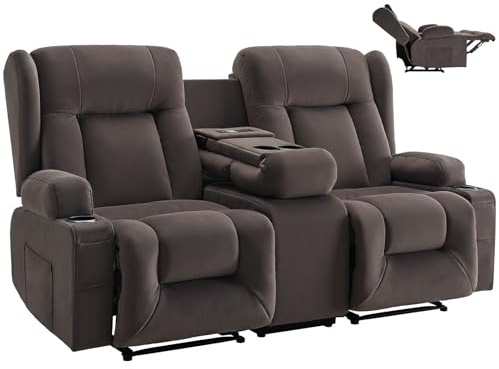 VEVOR Divano Reclinabile Elettrico a Due Posti, con Riscaldamento e Massaggio, Divano Reclinabile Elettrico in Pelle Scamosciata con Console Centrale, Porte USB, Portabicchieri e Borse Laterali