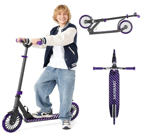 Scooter for Kids, Lightweight Foldable Kick Scooter, 4-Level Adjustable Handlebar, 8-Inch Large Wheels with Shock Absorption, for Ages 6 and Up (Lavender)