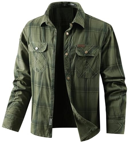 PADOLA Camicia a Quadri Uomo Button Down Manica Lunga con Tasca Camicie da Lavoro Casual Tops Regular Fit(M,Verde Militare)