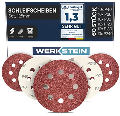 WERKSTEIN 60 Stück Schleifpapier 125mm Klett - Je 10x P40/60/80/120/180/240 Exzenterschleifer 125mm Schleifpapier, 8 Löcher - Schleifscheiben Klett für Metall, Holz uvm.