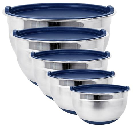 Fitzroy and Fox Stainless Steel Mixing Bowls with Lids and Non Slip Bases (Set of 5, Blue)