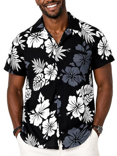 King Kameha Camisa Hawaiana para Hombre de Manga Corta con Estampado de Hibisco y Hojas Tropicales