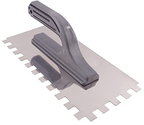 BAUSTER® Edelstahl Glättkelle 270 x 128 mm mit Zahnung Zahnkelle zum Verlegen von Fliesen Edelstahlkelle mit Kunststoffgriff unentbehrlich beim Fliesen Unterschiedliche (12x12mm)