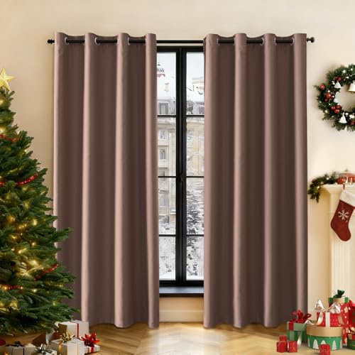 Ystyle Gardinen 2er Set, Thermovorhang Kälteschutz, Outdoor Vorhang Wetterfest Mit Ösen, Verdunkelungsvorhang, Vorhänge Blickdicht, Curtains Wohnzimmer, Thermovorhang Hitzeschutz, Braun