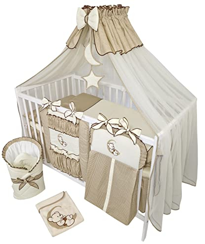 Bello24 - 16 Teiliges Babybett Kinderbett und Bettwäsche komplett Set Happy Leo inkl. Matratze höhenverstellbar für Neugeborene Babys und Kleinkinder aus Massivholz Teddybär Mond Dunkelbeige
