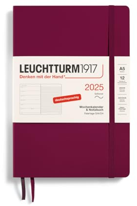 LEUCHTTURM1917 370508 Agenda semanal y cuaderno 2025, tamaño mediano A5, tapa blanda, planificador de 12 meses, 80 g, a rayas, Port Red