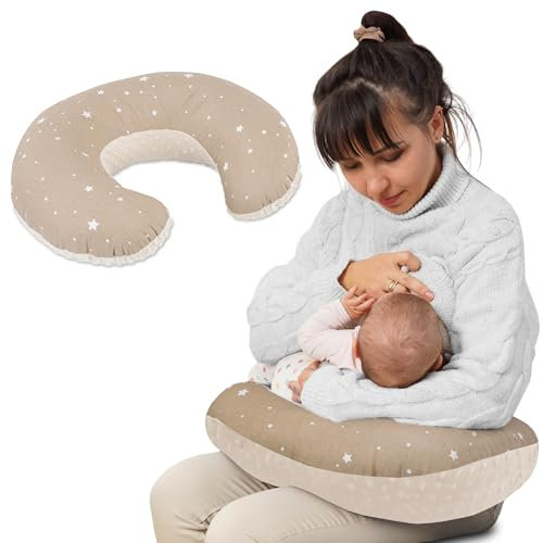 Stillkissen klein Mond Minky 130 cm - Nursing und Breastfeeding Pillow Stillmond Stützkissen Stillhörnchen kleines Still Kissen und Lagerungskissen beim Stillen Oeko-Tex Beige mit Weiß Sternen