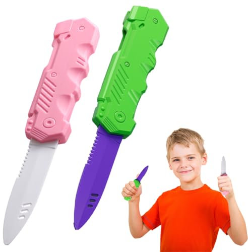 ZORVUJI 2 Pezzi Coltello Magico a Lama Retrattile Finto per Teatro e Scherzi, Accessorio per Spettacoli di Magia e Divertimento, Prop per Adulti, Perfetto per Halloween e Feste (Rosa, Verde)