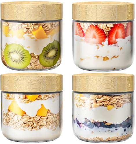 HomArtist 10oz Bamboo Lid Glass Jars - 4 Pack: Wide Mouth Mason Jars with Bamboo Lids - Airtight, Leakproof, Dishwasher Safe - Perfect for Overnight Oats, Yogurt, Salads, Chia Pudding